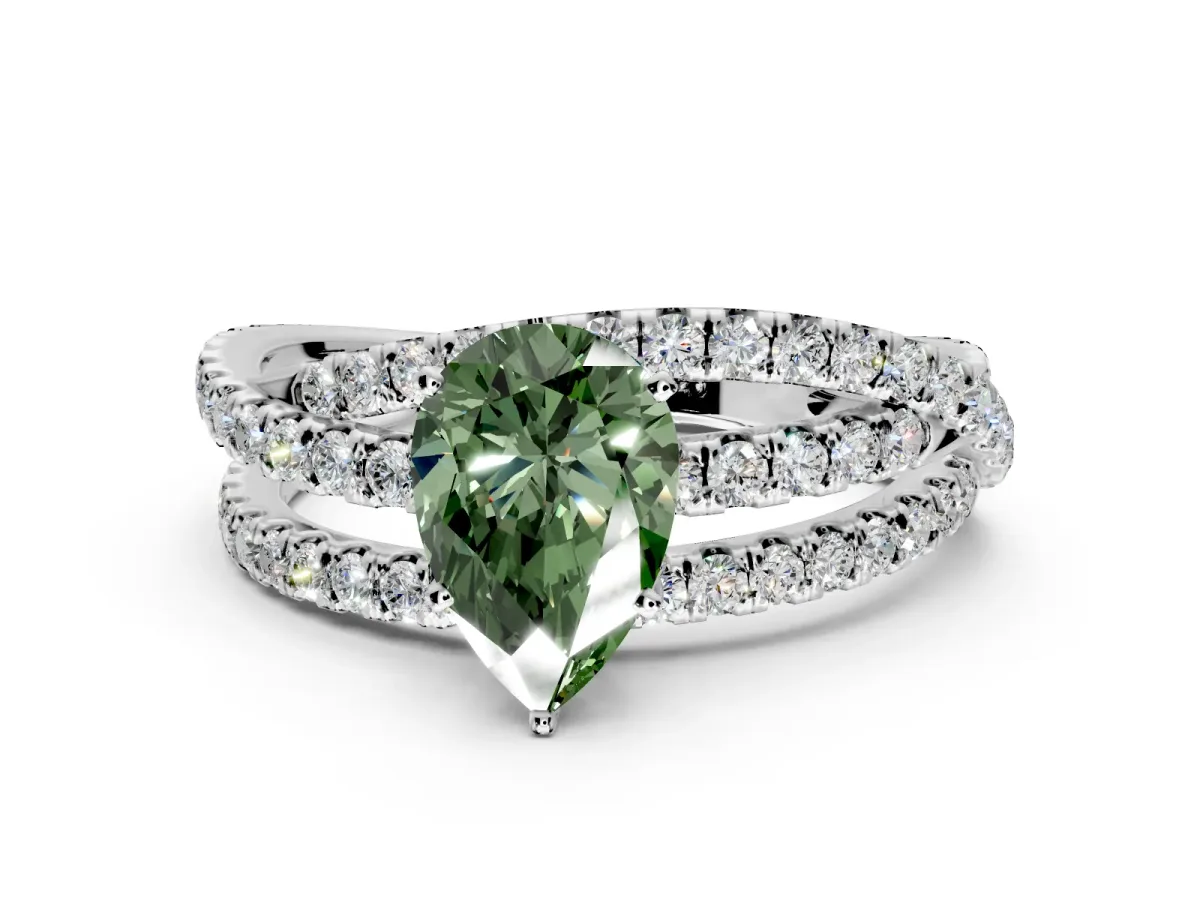 Solitaire Engagement Ring Setting for Fancy Green Pear-Shaped Center with Woven 3-Strand Pave Band and Prong Head in White Gold