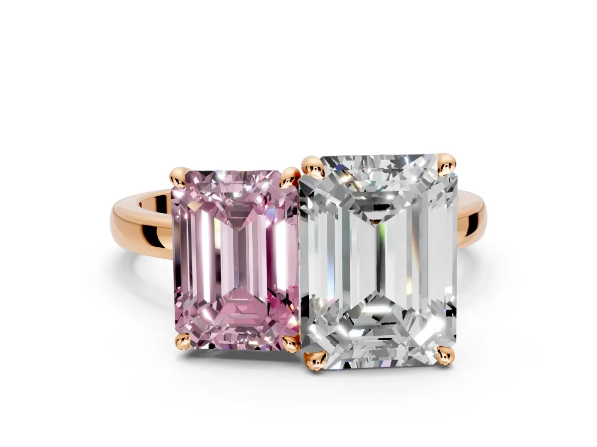 Fancy Pink Emerald Cut and Emerald Cut Lab-Grown Diamond Toi et Moi Engagement Ring with Prong-Set Stones in Rose Gold