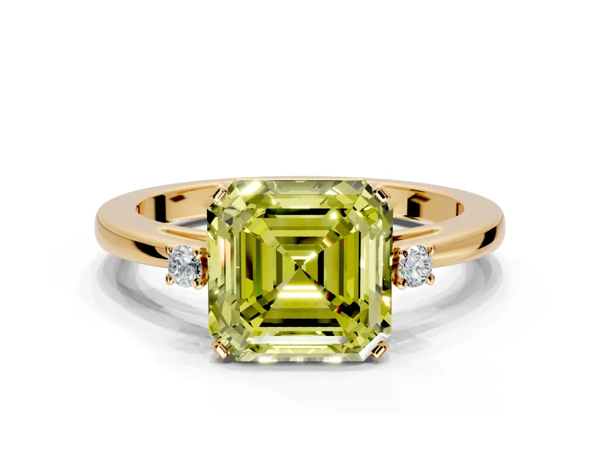 3 Stone Engagement Ring Setting for Fancy Yellow Asscher Cut Center with Low-Set Round Cut Accents and Prong Head in Yellow Gold