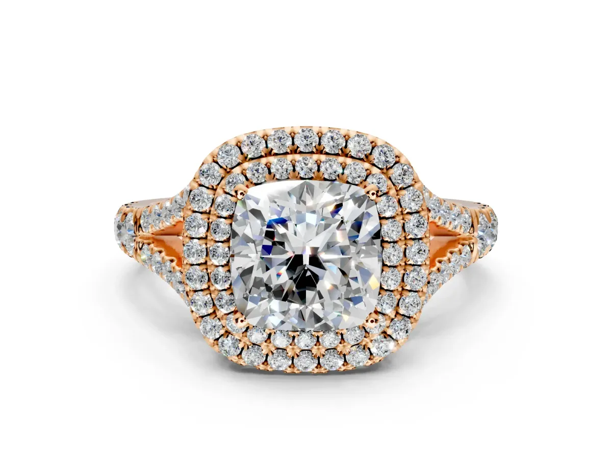 Double Halo Engagement Ring Setting for Cushion Cut Center with Narrow Pave Split Shank and Prong Head in Rose Gold