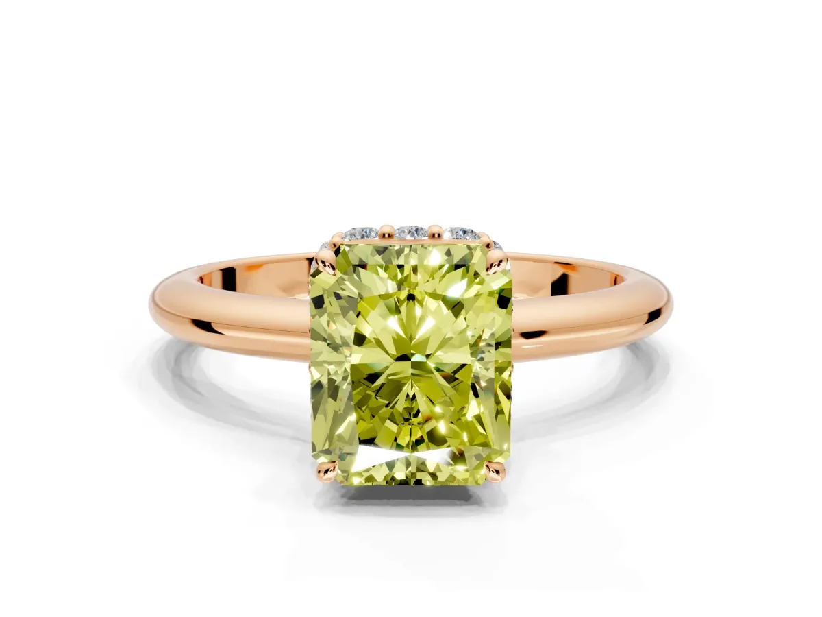 Hidden Halo Engagement Ring Setting for Fancy Yellow Radiant Cut Center with Plain Rounded Band and Prong Head in Rose Gold