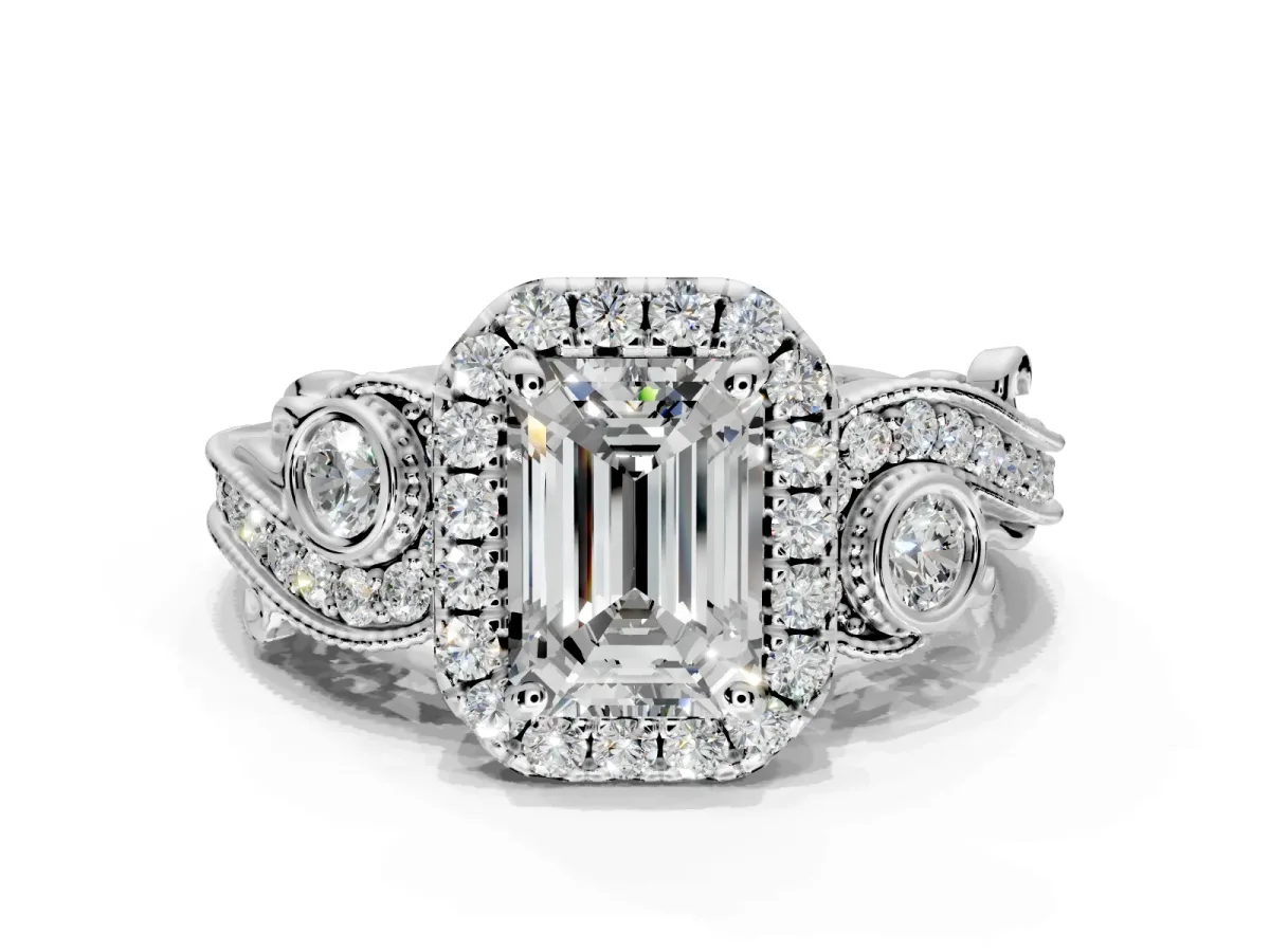 Milgrain Halo Engagement Ring Setting for Emerald Cut Center with Shoulder Bezels and Prong Head in Platinum