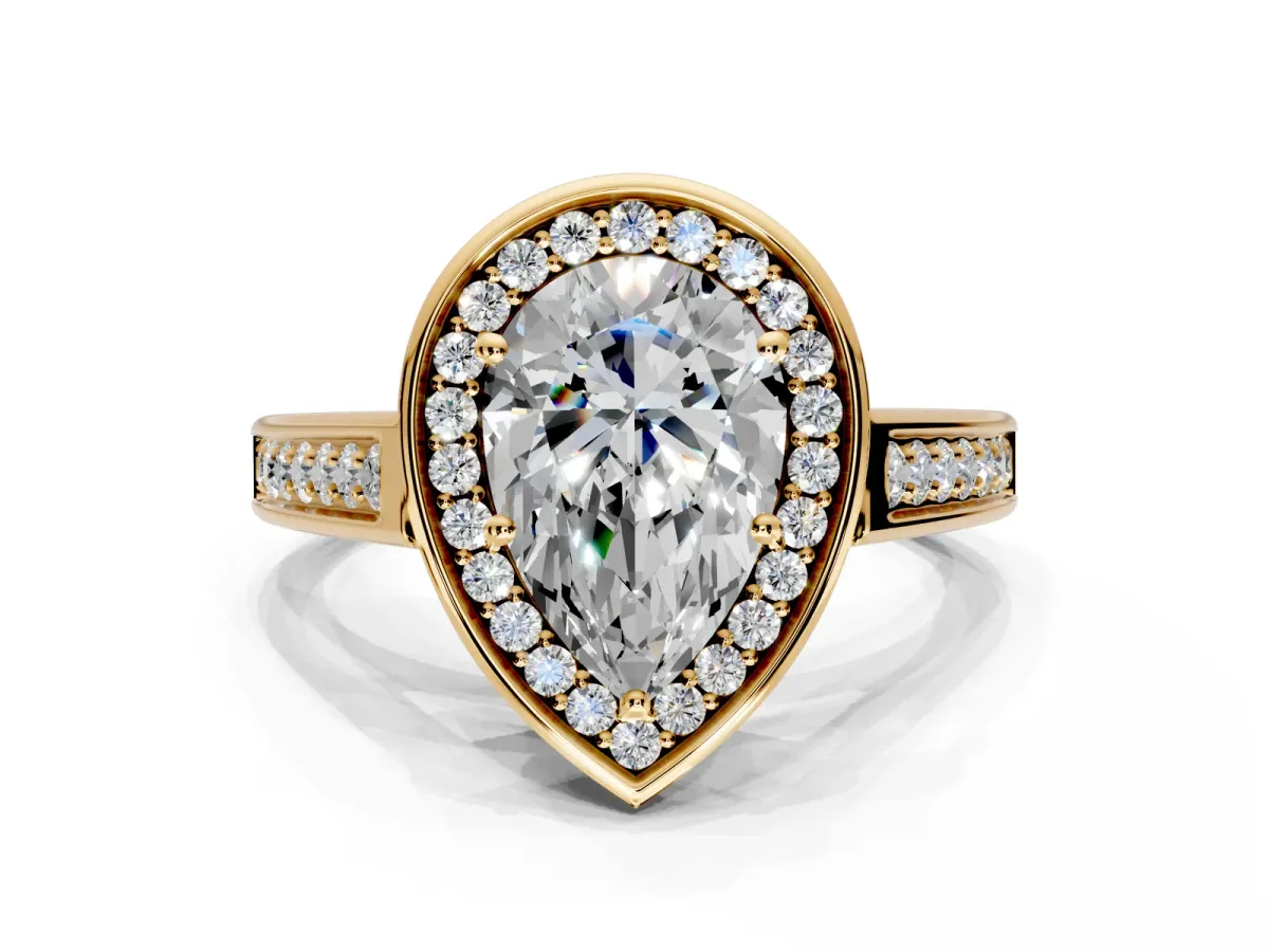 Halo Engagement Ring Setting for Pear-Shaped Center with Outer Bezel Rim, Pave Band and Prong Head in Yellow Gold