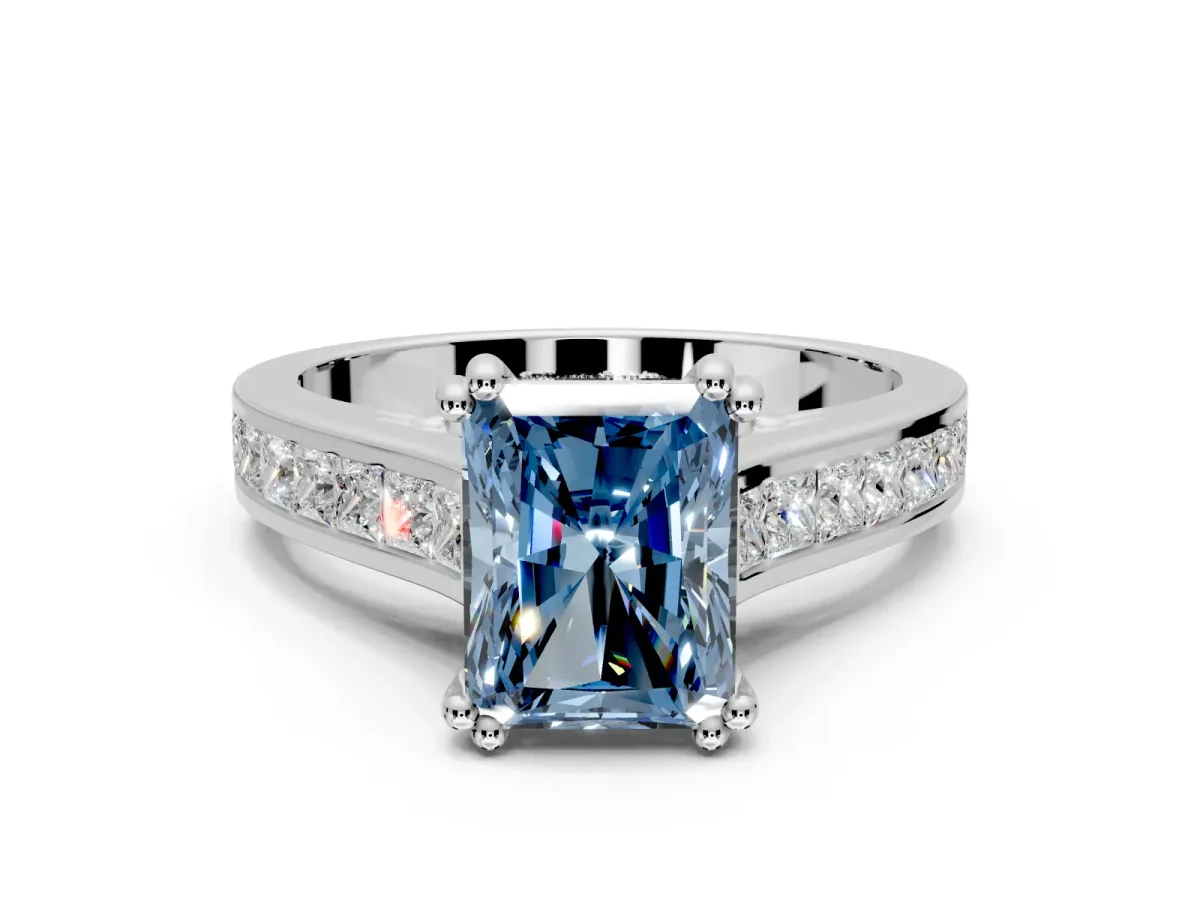Solitaire Engagement Ring Setting for Fancy Blue Radiant Cut Center with Channel Band and Double Claw Prong Head in Platinum
