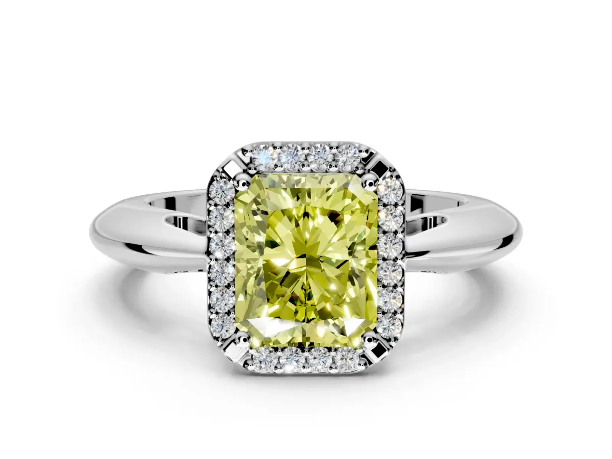 Halo Engagement Ring Setting for Fancy Yellow Radiant Cut Center with Tapered Plain Band and Prong Head in White Gold
