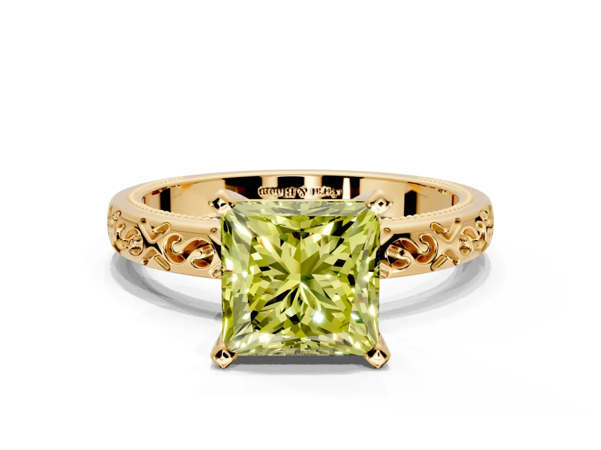 Solitaire Engagement Ring Setting for Fancy Yellow Princess Cut Center with Scrollwork Band and Prong Head in Yellow Gold