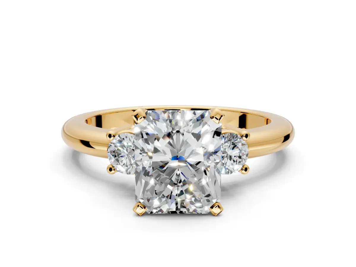 3 Stone Engagement Ring Setting for Radiant Cut Center with Wide Plain Band and Prong Head in Yellow Gold