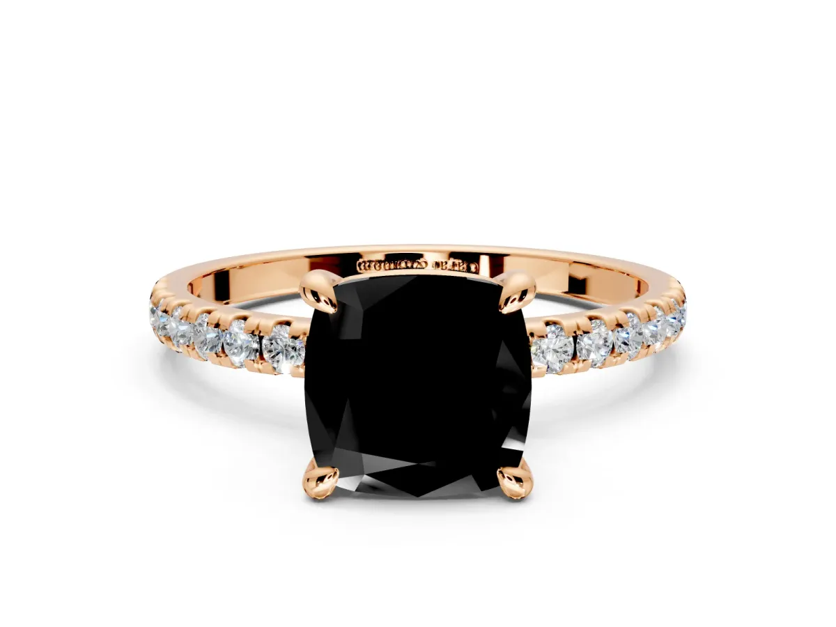 Solitaire Engagement Ring Setting for Fancy Black Cushion Cut Center with Fine Pave Narrow Band and Prong Head in Rose Gold