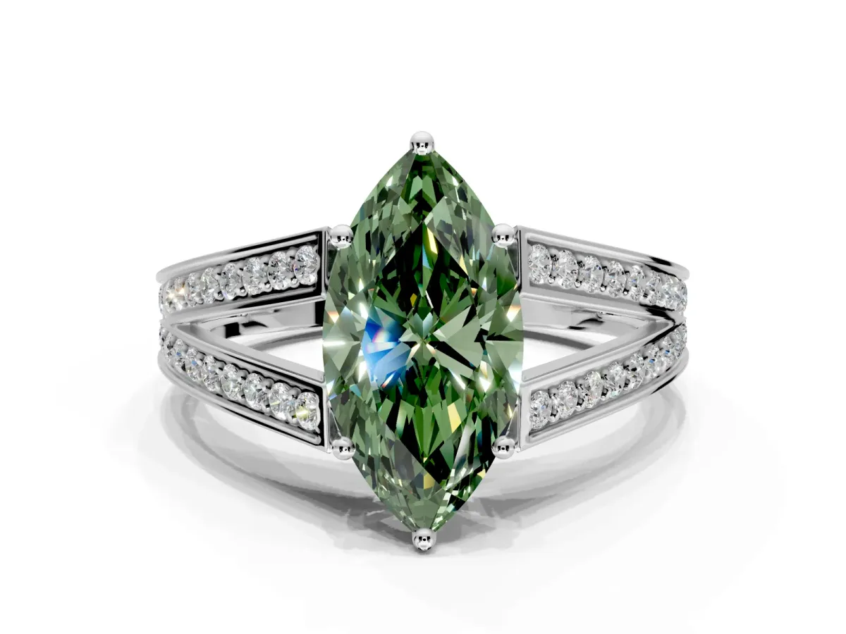 Split Shank Engagement Ring Setting for Fancy Green Marquise Center with Pave Split Shank and Prong Head in Sterling Silver