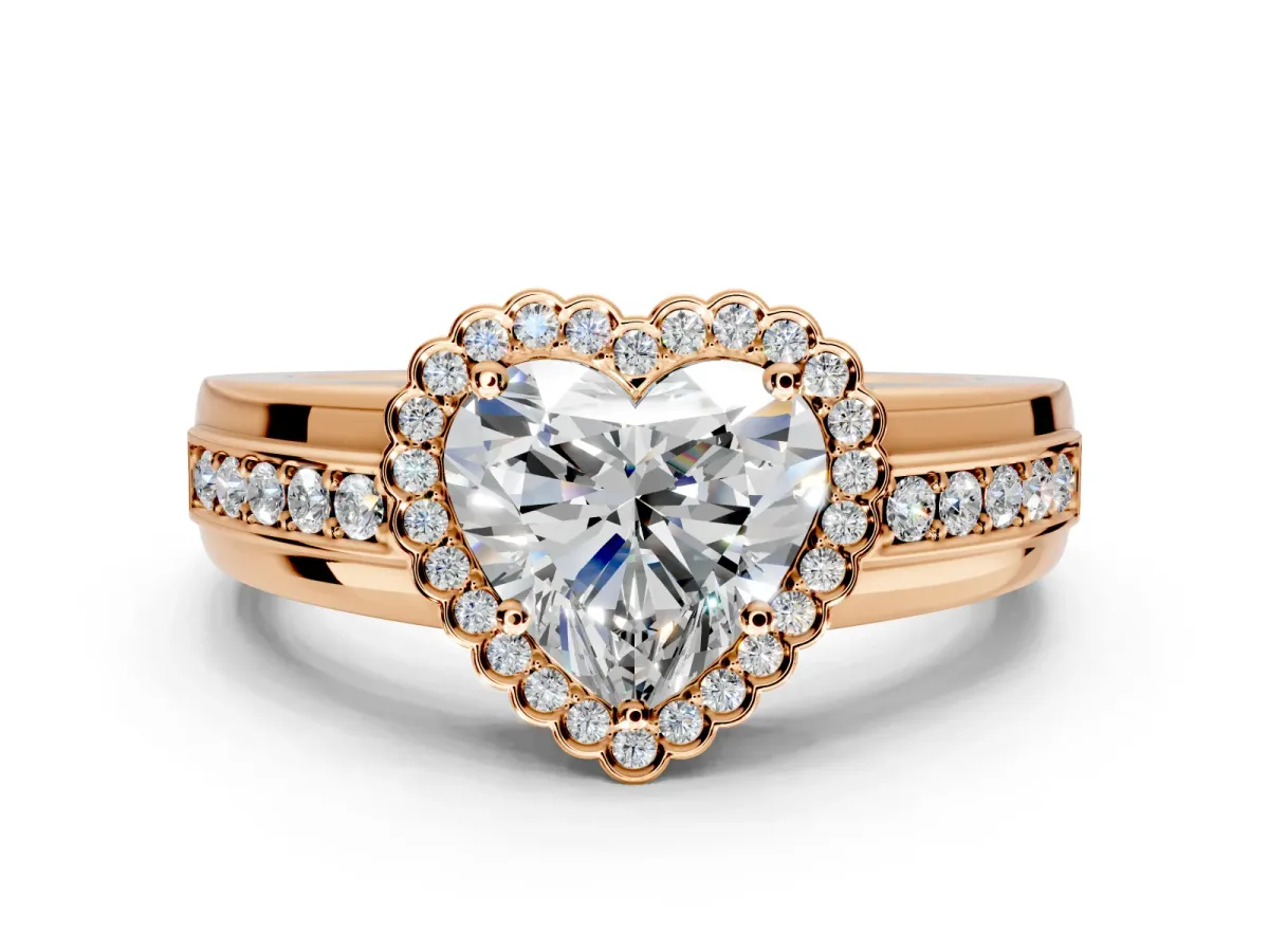Halo Engagement Ring Setting for Heart-Shaped Center with Wide Band, Inlaid Accent Row and Prong Head in Rose Gold