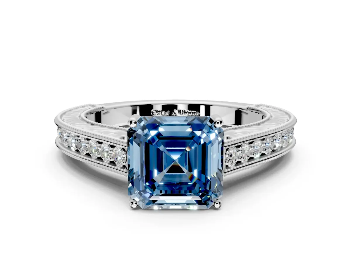 Solitaire Engagement Ring Setting for Fancy Blue Asscher Cut Center with Engraved Pave Band and Prong Head in Sterling Silver