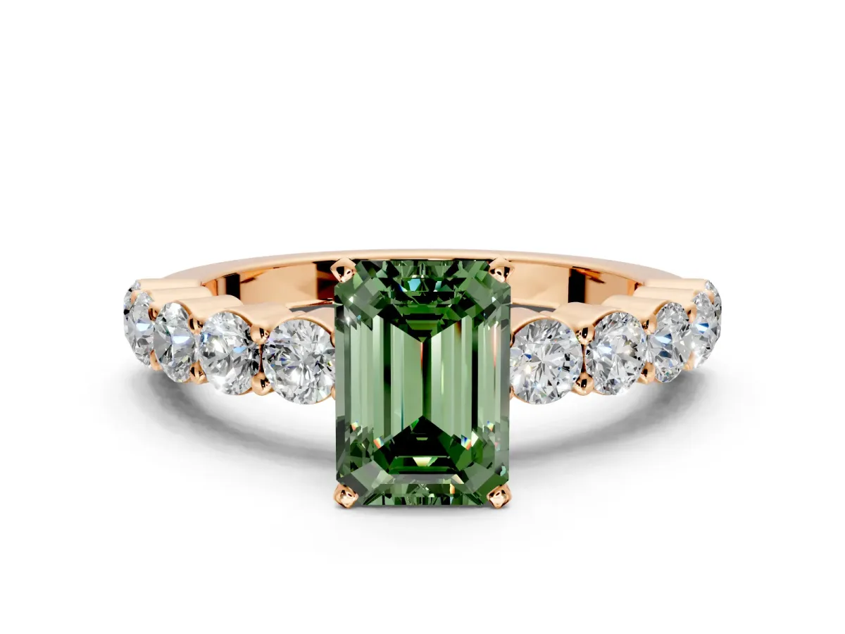 Shared-Prong Engagement Ring Setting for Fancy Green Emerald Cut Center with Graduated Accents and Prong Head in Rose Gold