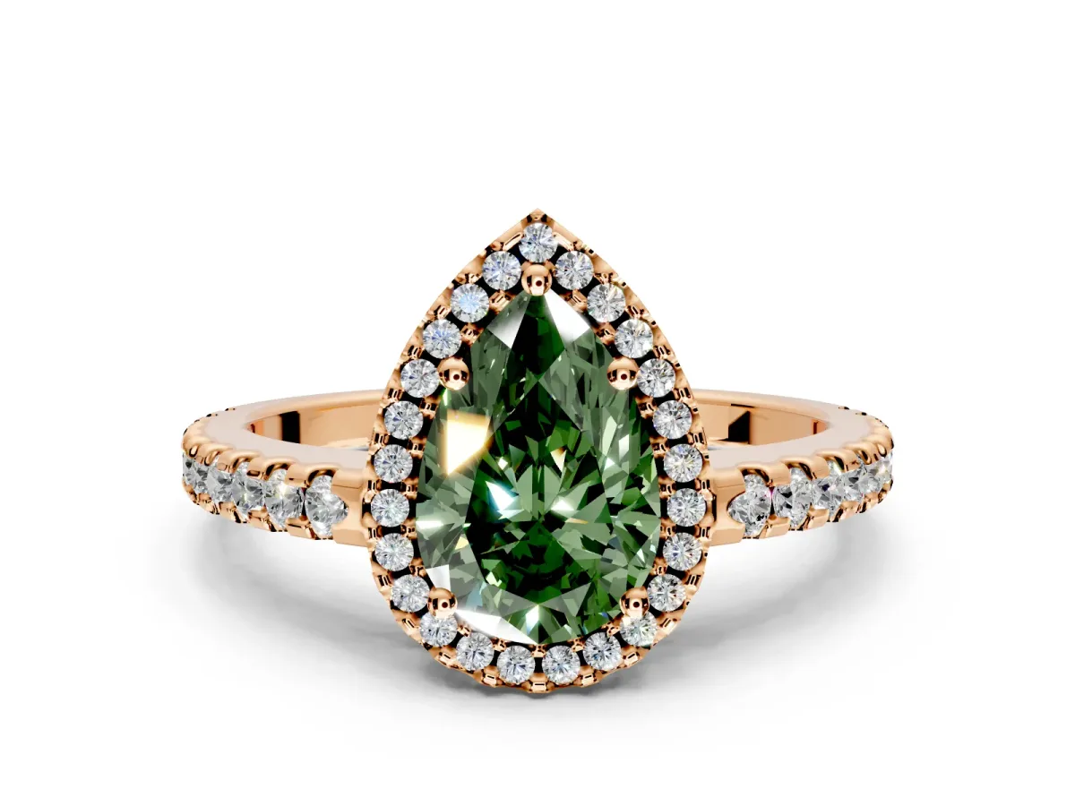 Accent Halo Engagement Ring Setting for Fancy Green Pear-Shaped Center with Full-Length Pave Band and Prong Head in Rose Gold