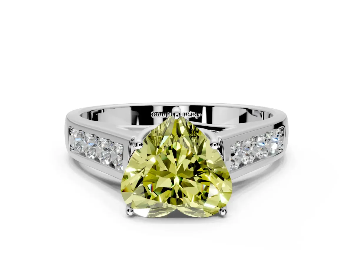 Solitaire Engagement Ring Setting for Fancy Yellow Heart-Shaped Center with Cathedral Channel Band and Prong Head in White Gold
