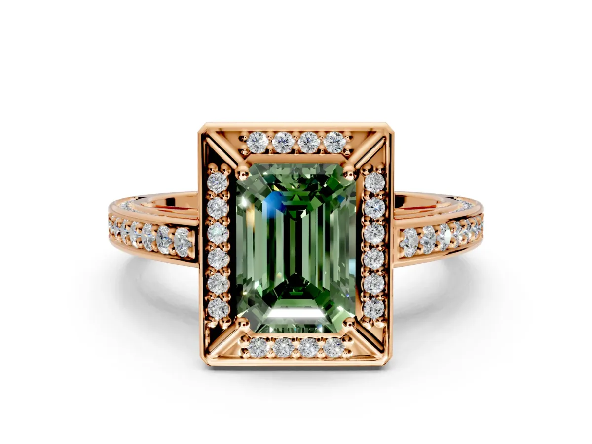 Halo Engagement Ring Setting for Fancy Green Emerald Cut Center with Framed Halo, Pave Band and Prong Head in Rose Gold