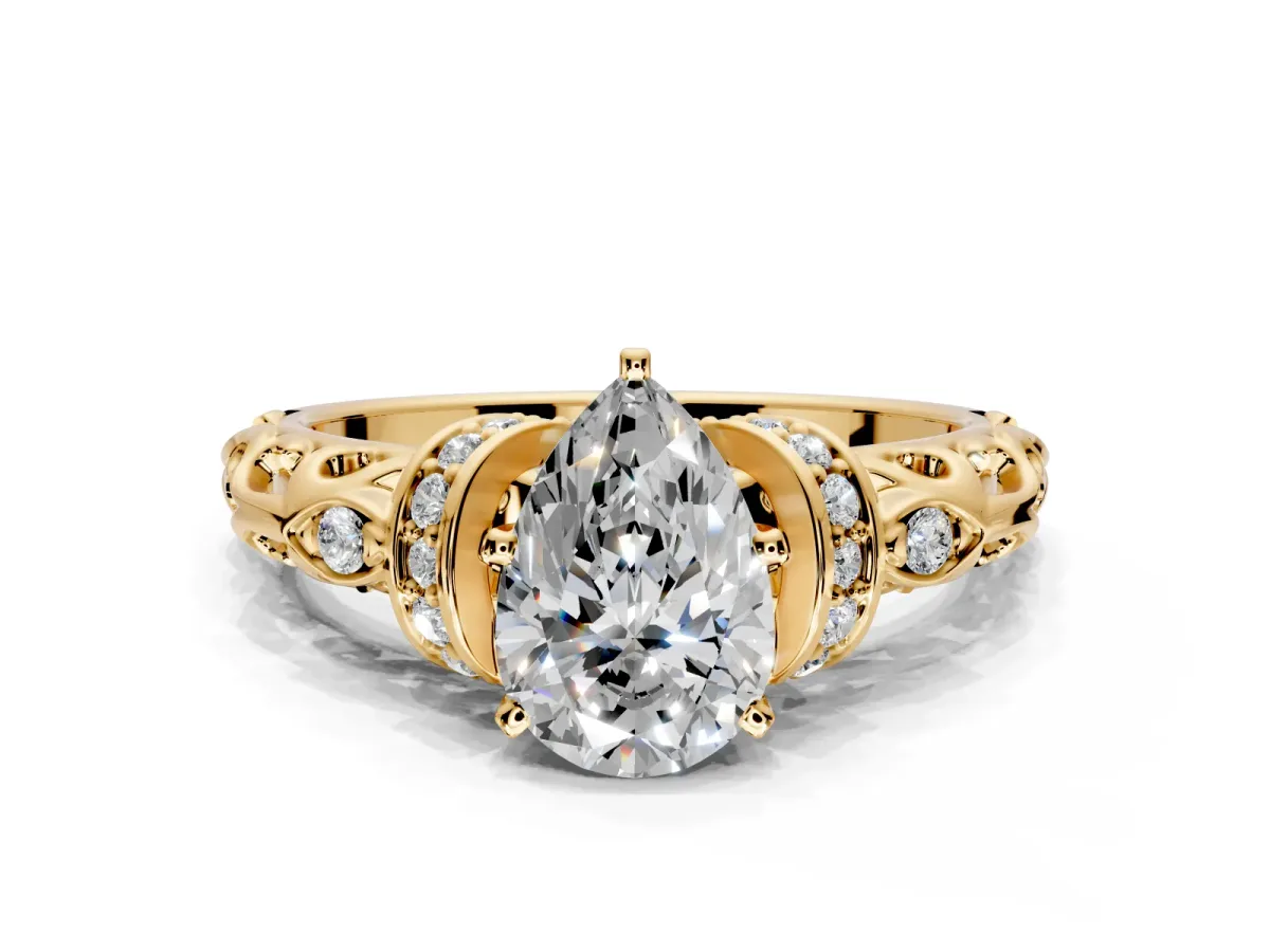 Solitaire Engagement Ring Setting for Pear-Shaped Center with Filigree Band and Prong Head in Yellow Gold