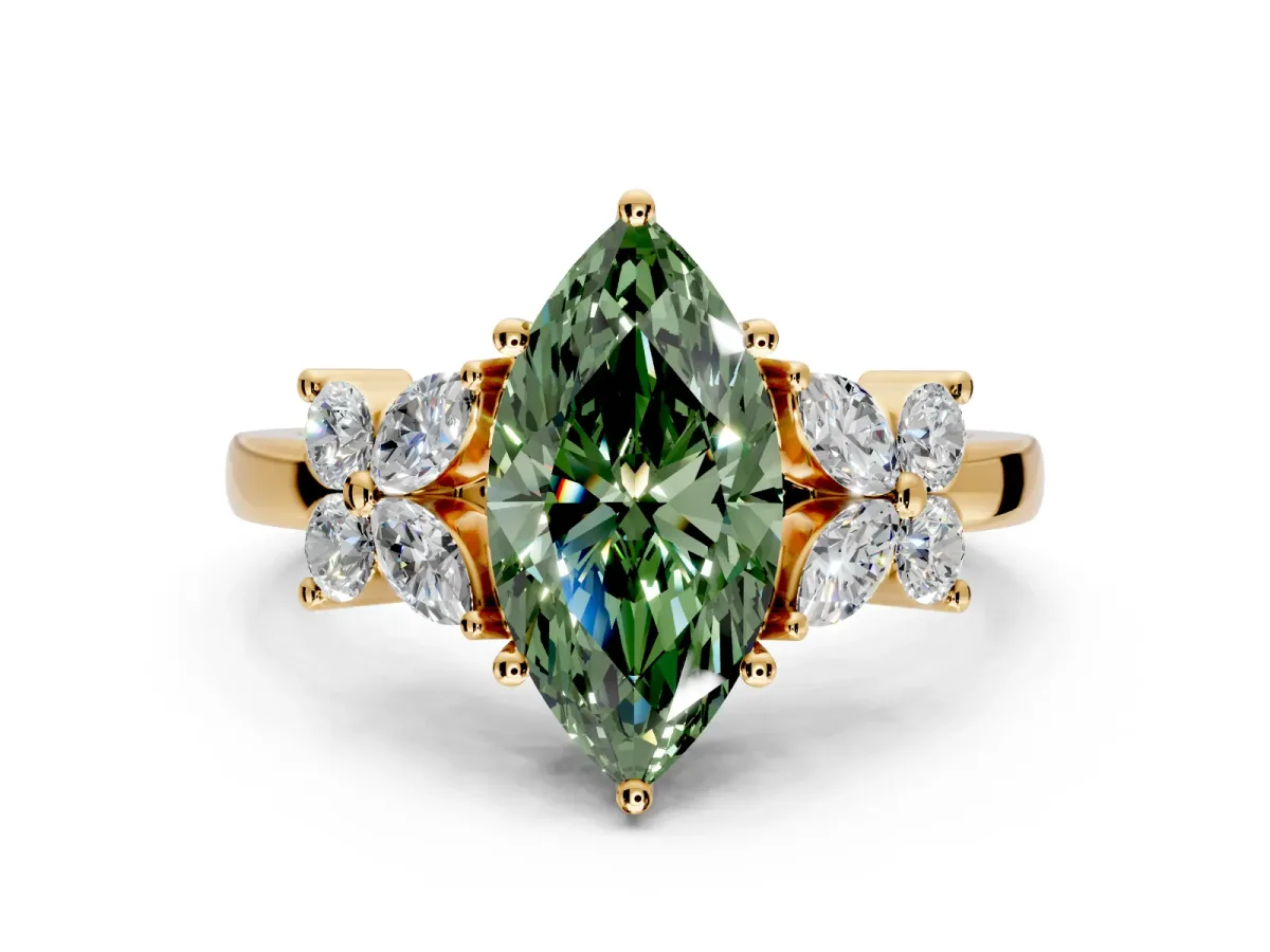 Floral Engagement Ring Setting for Fancy Green Marquise Center with Marquise Cluster Shoulders and Prong Head in Yellow Gold