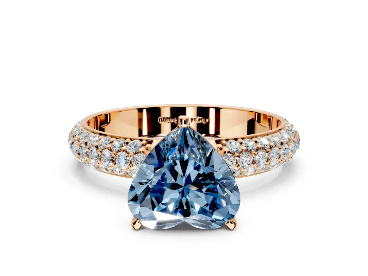 Solitaire Engagement Ring Setting for Fancy Blue Heart-Shaped Center with Domed Multi-Row Pave Band and Prong Head in Rose Gold
