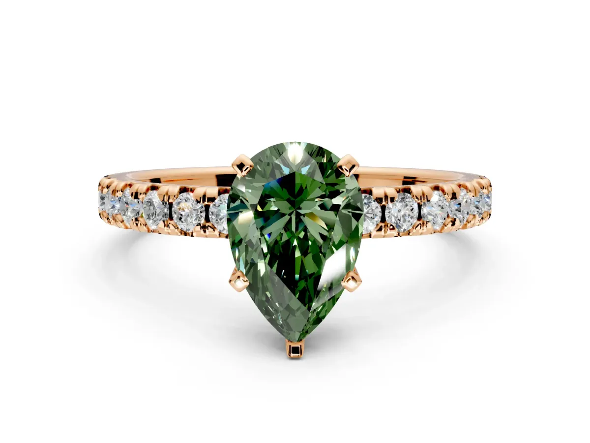 Solitaire Engagement Ring Setting for Fancy Green Pear-Shaped Center with Large Accents and Prong Head in Rose Gold