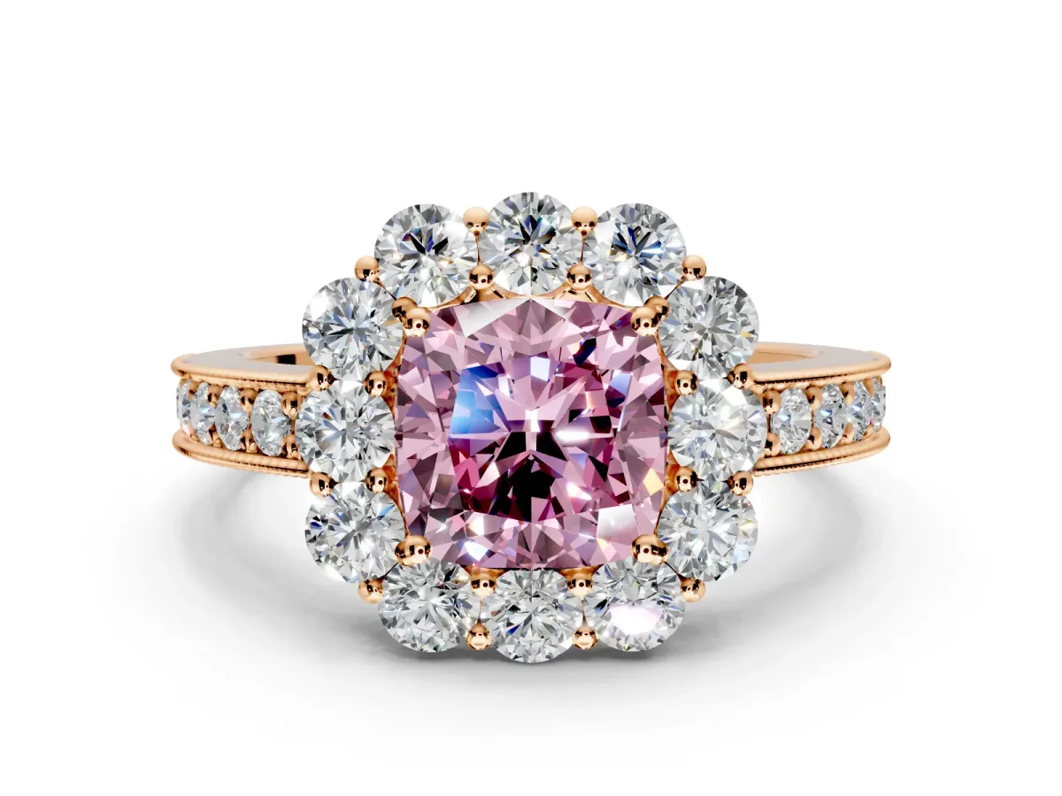 Halo Engagement Ring Setting for Fancy Pink Cushion Cut Center with Milgrain Channel Band and Prong Head in Rose Gold