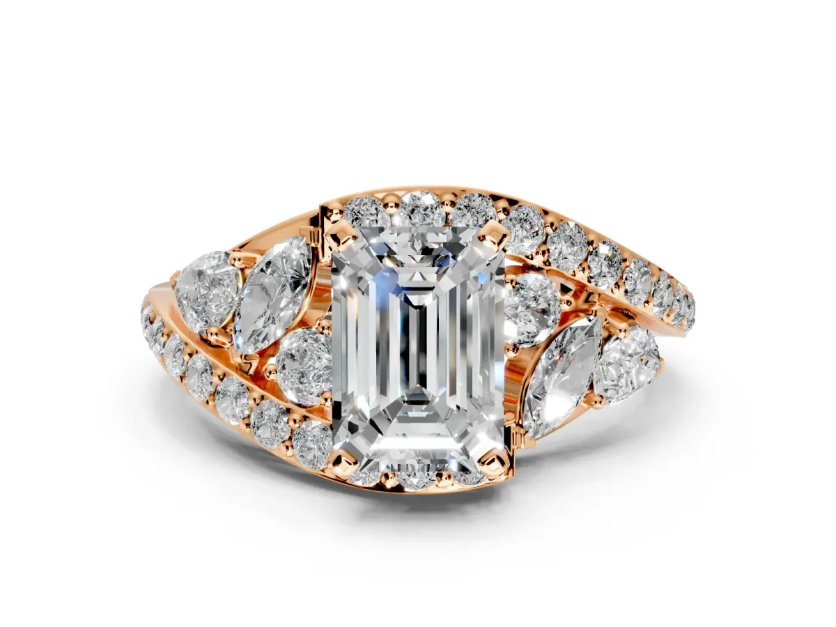 Halo Engagement Ring Setting for Emerald Cut Center with Marquise and Pave Bypass Band and Prong Head in Rose Gold