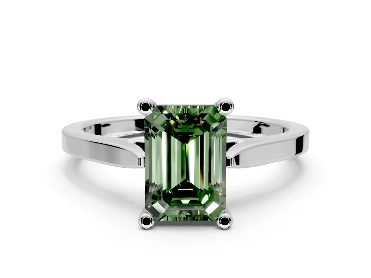 Solitaire Engagement Ring Setting for Fancy Green Emerald Cut Center with Tapered Shoulders and Prong Head in Sterling Silver