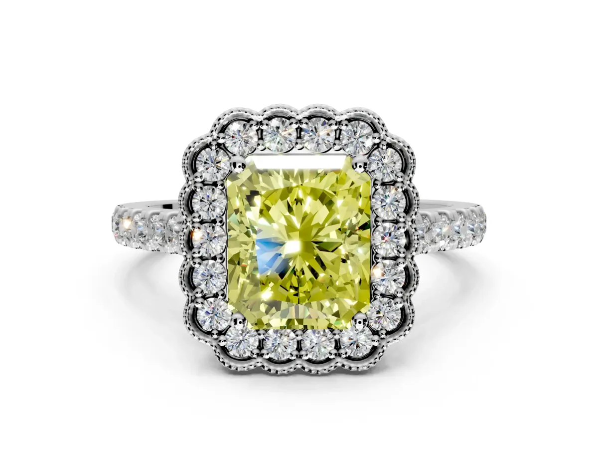 Milgrain Floral Halo Engagement Ring Setting for Fancy Yellow Radiant Cut Center with Pave Band and Prong Head in Sterling Silver