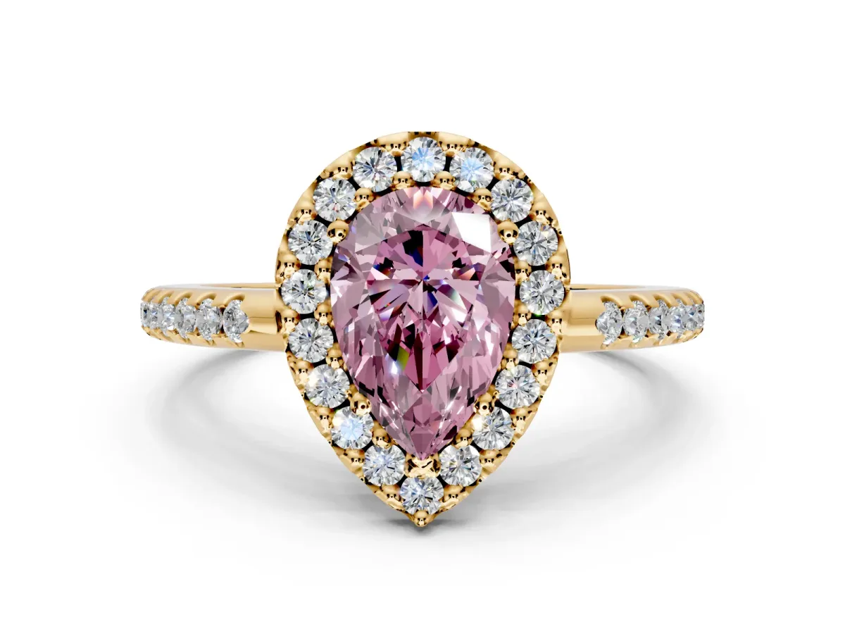 Pave Halo Engagement Ring Setting for Fancy Pink Pear-Shaped Center with Single Row Pave Band and Prong Head in Yellow Gold