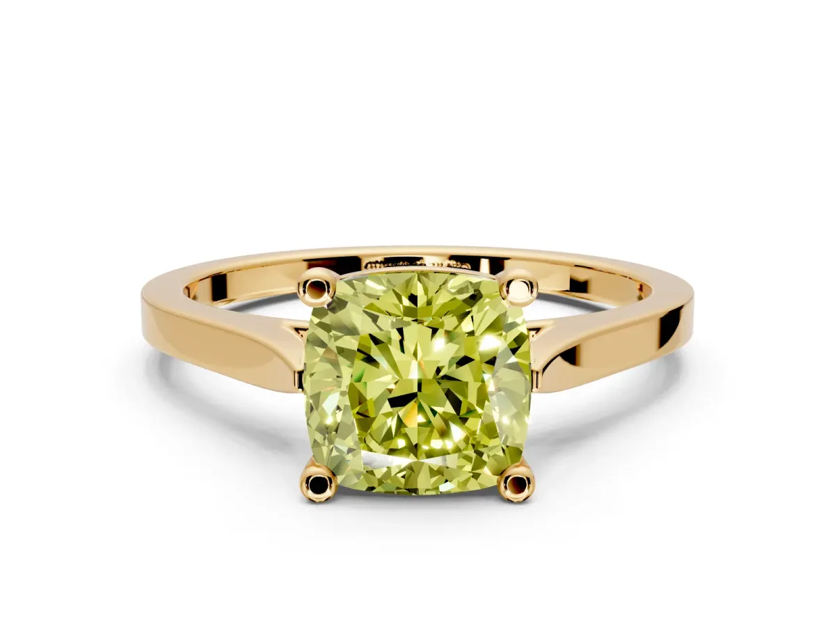 Solitaire Engagement Ring Setting for Fancy Yellow Cushion Cut Center with Tapered Shoulders and Prong Head in Yellow Gold
