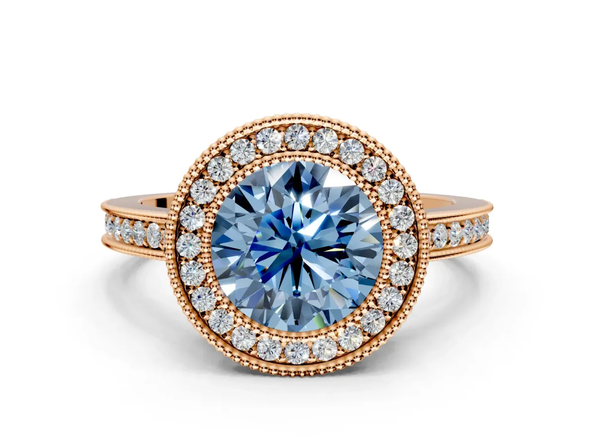 Halo Engagement Ring Setting for Fancy Blue Round Cut Center with Milgrain Halo, Pave Band and Prong Head in Rose Gold