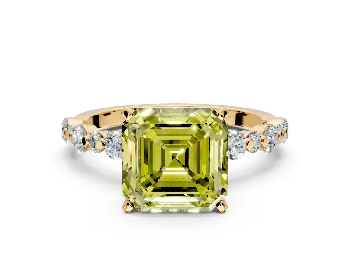 Solitaire Engagement Ring Setting for Fancy Yellow Asscher Cut Center with Alternating Size Accents and Prong Head in Yellow Gold