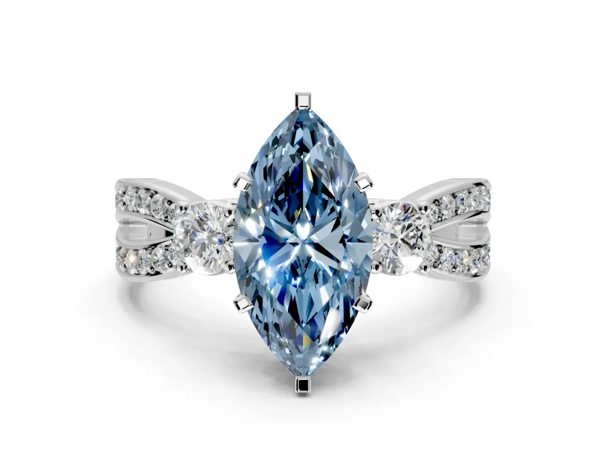 3 Stone Engagement Ring Setting for Fancy Blue Marquise Center with Pave Twist Band and Prong Head in White Gold