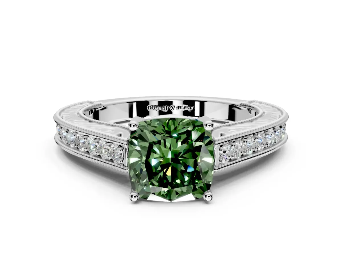 Solitaire Engagement Ring Setting for Fancy Green Cushion Cut Center with Engraved Pave Band and Prong Head in White Gold