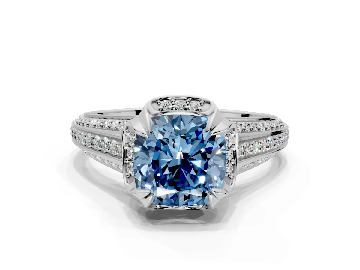 Solitaire Engagement Ring Setting for Fancy Blue Cushion Cut Center with Accented Split Shank and Prong Head in Sterling Silver