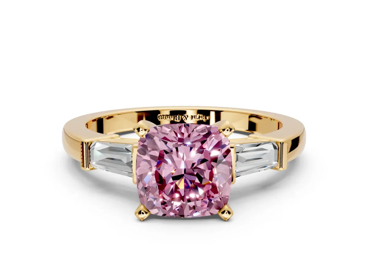 3 Stone Engagement Ring Setting for Fancy Pink Cushion Cut Center with Channel Baguette Accents and Prong Head in Yellow Gold