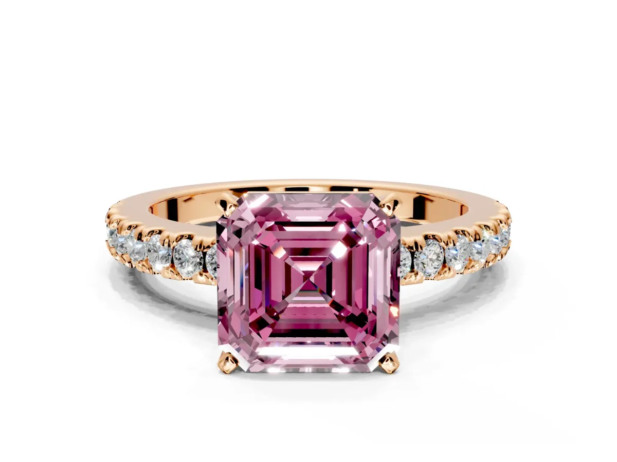 Solitaire Engagement Ring Setting for Fancy Pink Asscher Cut Center with Single Row Accent Band and Prong Head in Rose Gold