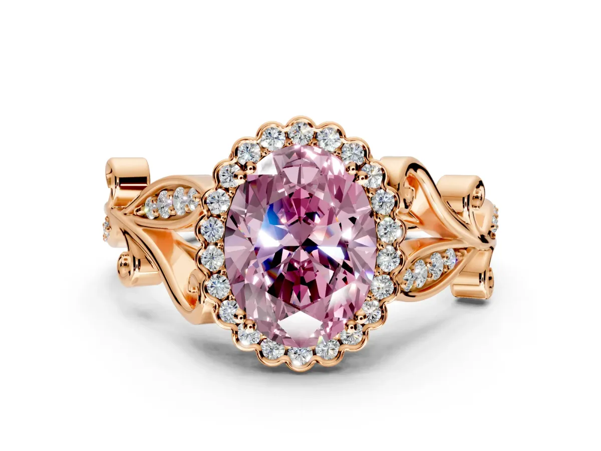 Halo Engagement Ring Setting for Fancy Pink Oval Center with Leaf Motif Split Shank and Prong Head in Rose Gold