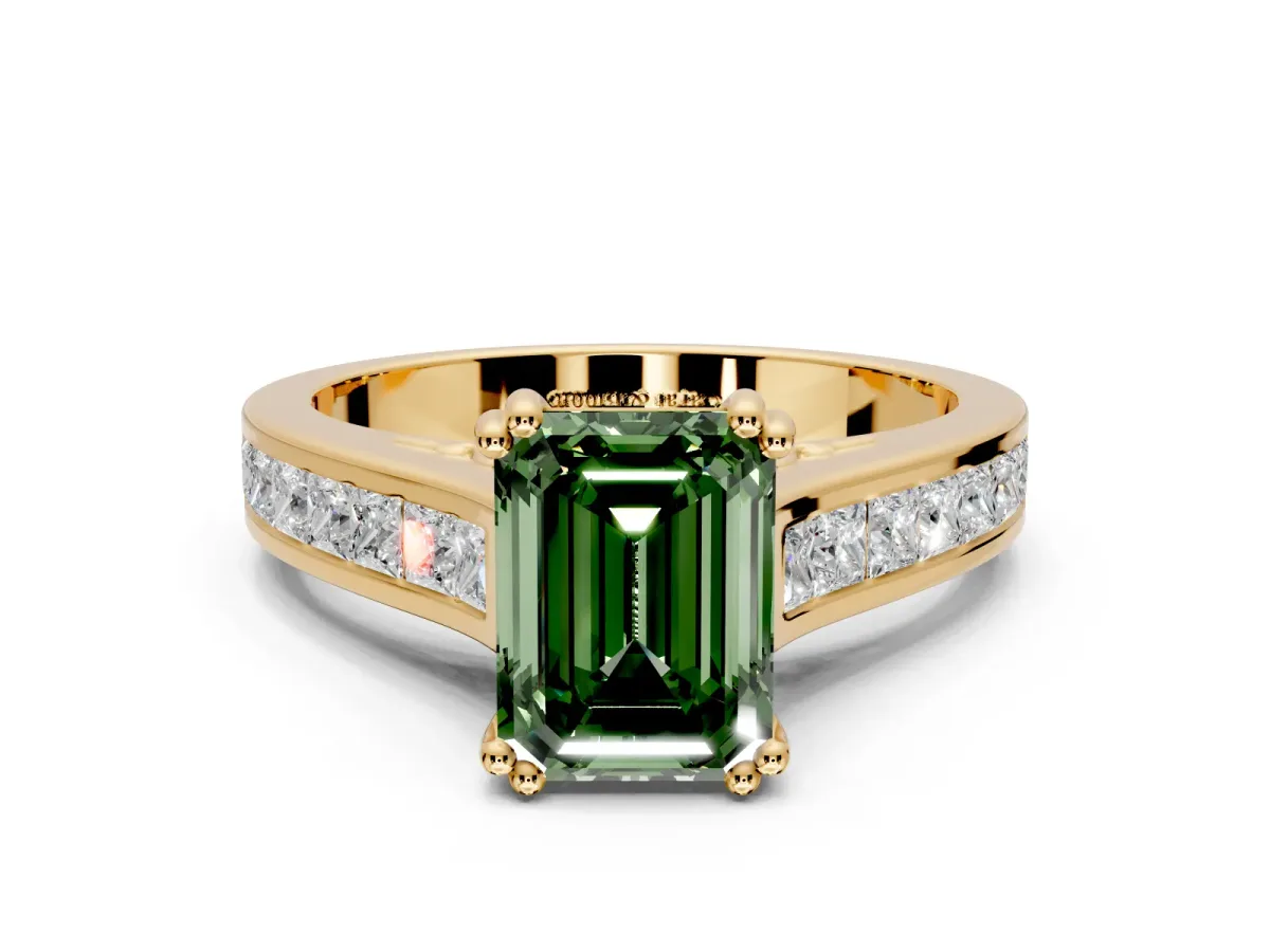 Solitaire Engagement Ring Setting for Fancy Green Emerald Cut Center with Channel Band and Double Claw Prong Head in Yellow Gold