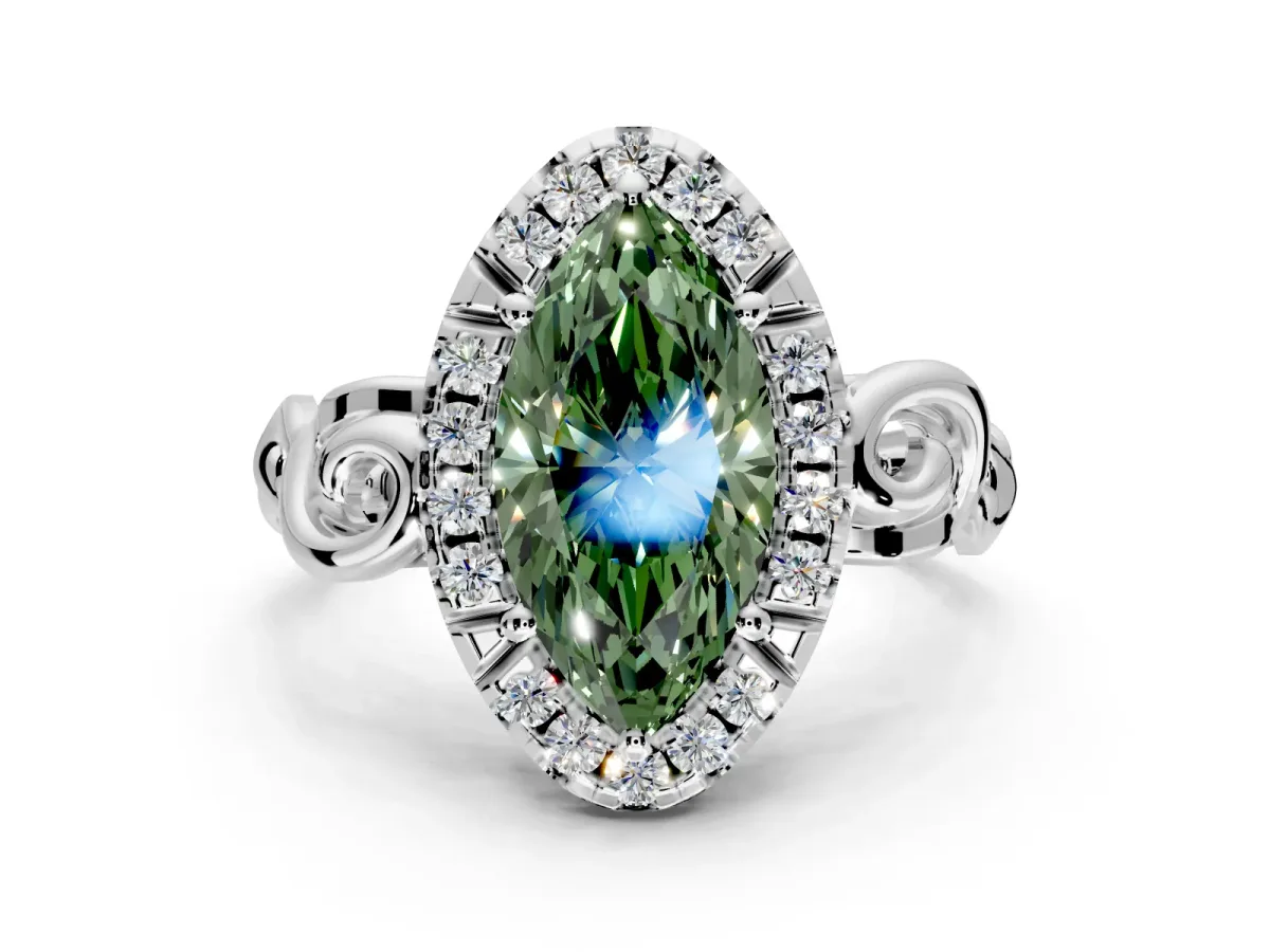 Halo Engagement Ring Setting for Fancy Green Marquise Center with Open Scroll Shoulders and Prong Head in Platinum