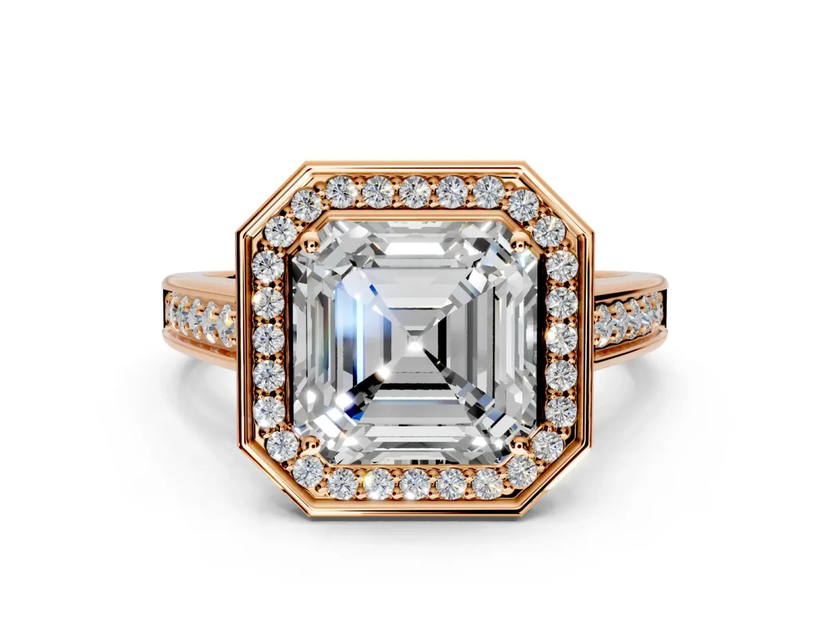 Halo Engagement Ring Setting for Asscher Cut Center with Outer Bezel Rim, Pave Band and Prong Head in Rose Gold