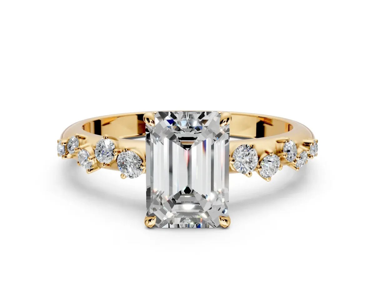 Cluster Engagement Ring Setting for Emerald Cut Center with Round Cut Accent Band and Prong Head in Yellow Gold