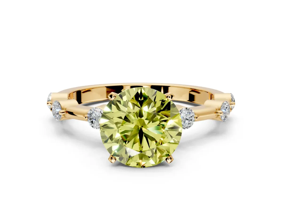 Solitaire Engagement Ring Setting for Fancy Yellow Round Cut Center with Bezel Station Band and Prong Head in Yellow Gold