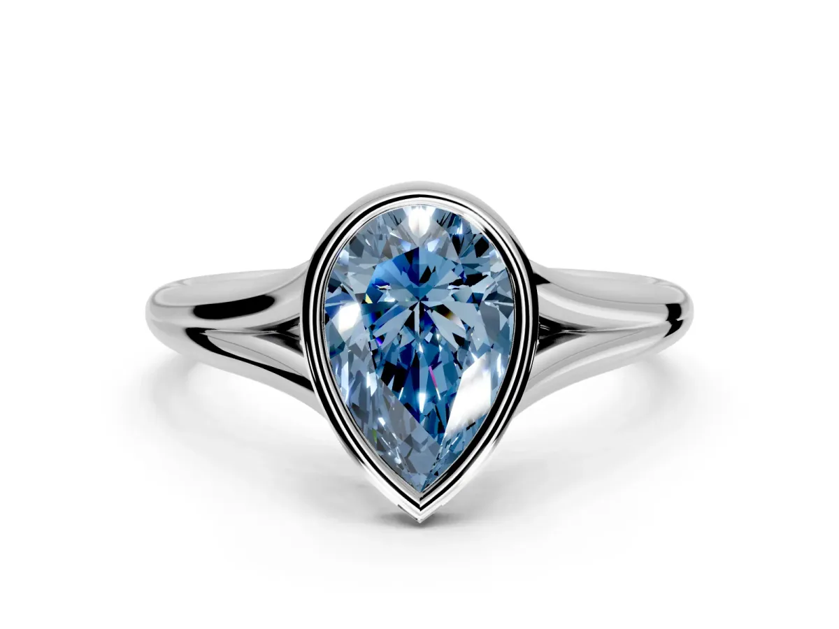 Solitaire Engagement Ring Setting for Fancy Blue Pear-Shaped Center with V Split Shank and Bezel Head in Sterling Silver