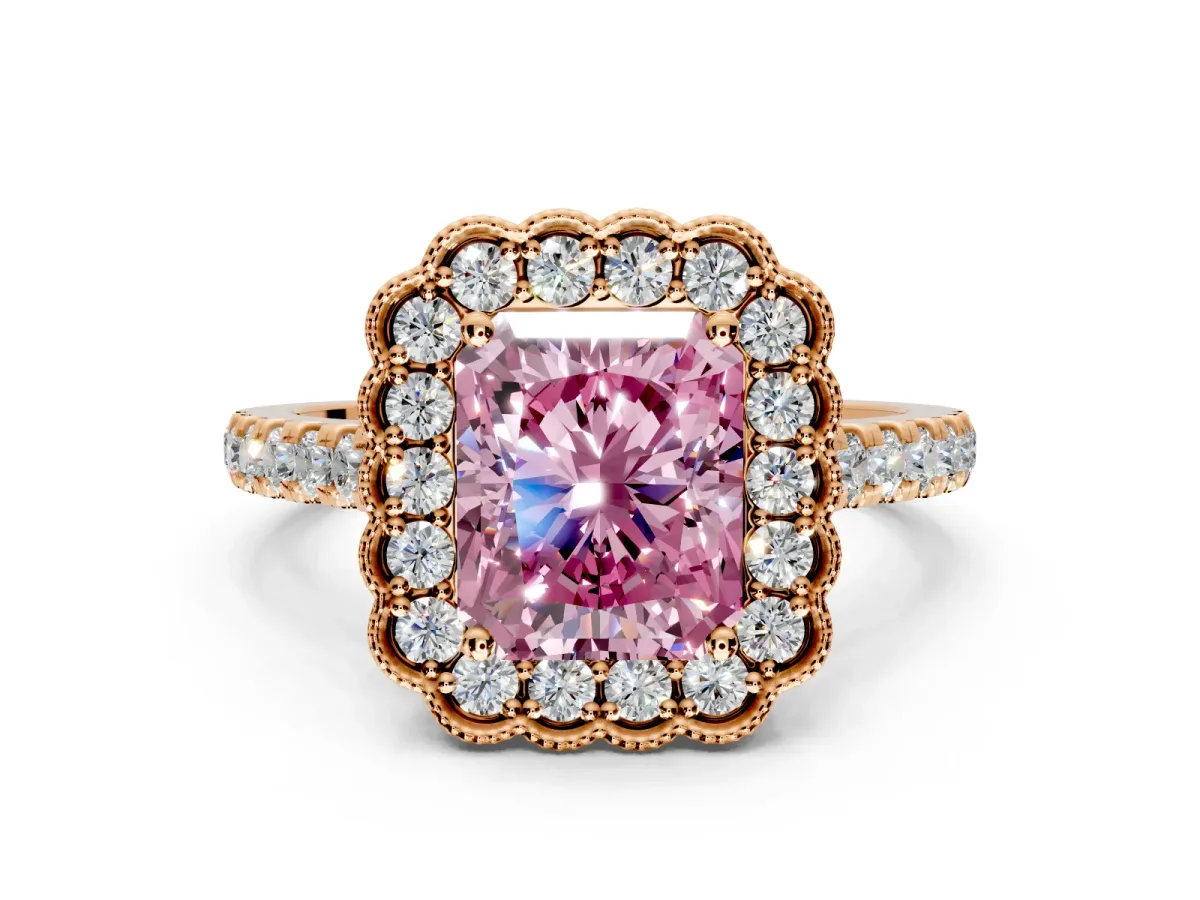 Milgrain Floral Halo Engagement Ring Setting for Fancy Pink Radiant Cut Center with Pave Band and Prong Head in Rose Gold