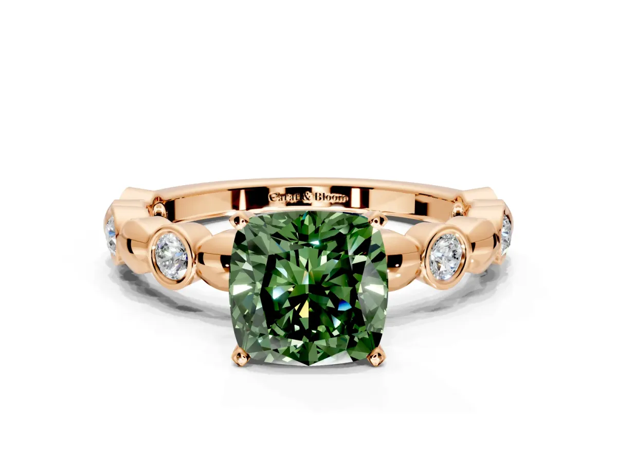 Solitaire Engagement Ring Setting for Fancy Green Cushion Cut Center with Beaded Bezel Station Band and Prong Head in Rose Gold