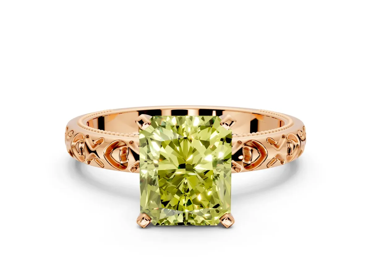 Solitaire Engagement Ring Setting for Fancy Yellow Radiant Cut Center with XO Engraved Band and Prong Head in Rose Gold