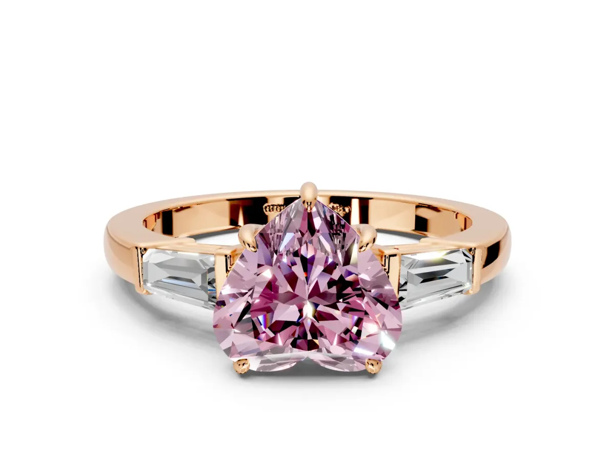 3 Stone Engagement Ring Setting for Fancy Pink Heart-Shaped Center with Baguette Accents and Prong Head in Rose Gold