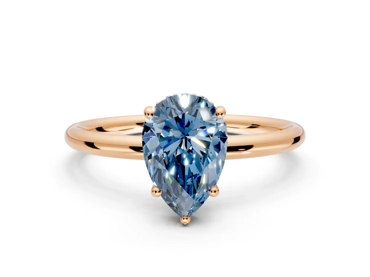 Solitaire Engagement Ring Setting for Fancy Blue Pear-Shaped Center with Plain Band, Open Basket and Prong Head in Rose Gold