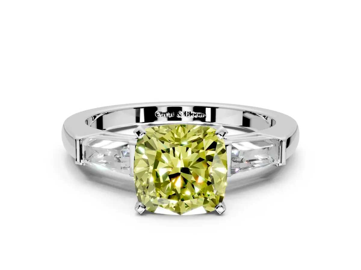3 Stone Engagement Ring Setting for Fancy Yellow Cushion Cut Center with Tapered Baguettes, Plain Band and Prong Head in Platinum