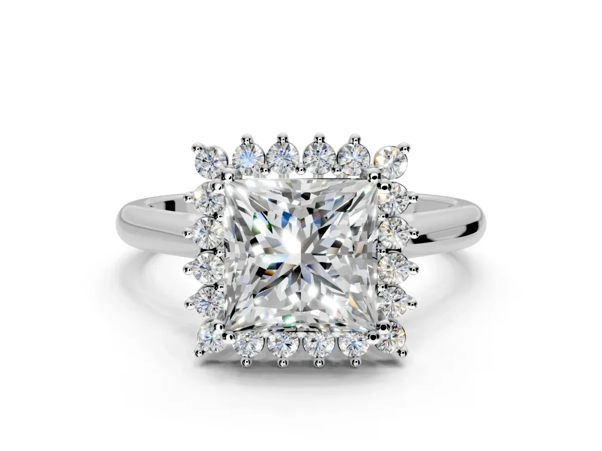 Starburst Halo Engagement Ring Setting for Princess Cut Center with Thin Round-Wire Band and Prong Head in Sterling Silver